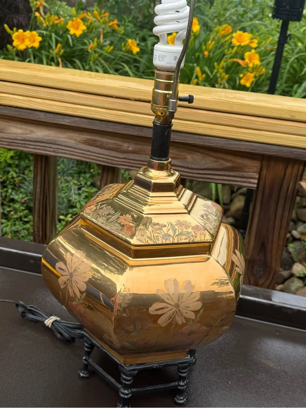 Vintage Solid Cast Brass Chinoiserie Ginger Jar Table Lamp hand painted flowers